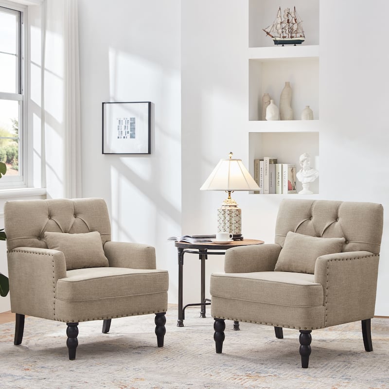 Set of 2 Arm Chair Upholstered Button Tufted Accent Chair with Lumbar Pillow Beige/ Grey/ Light Blue - Light Brown