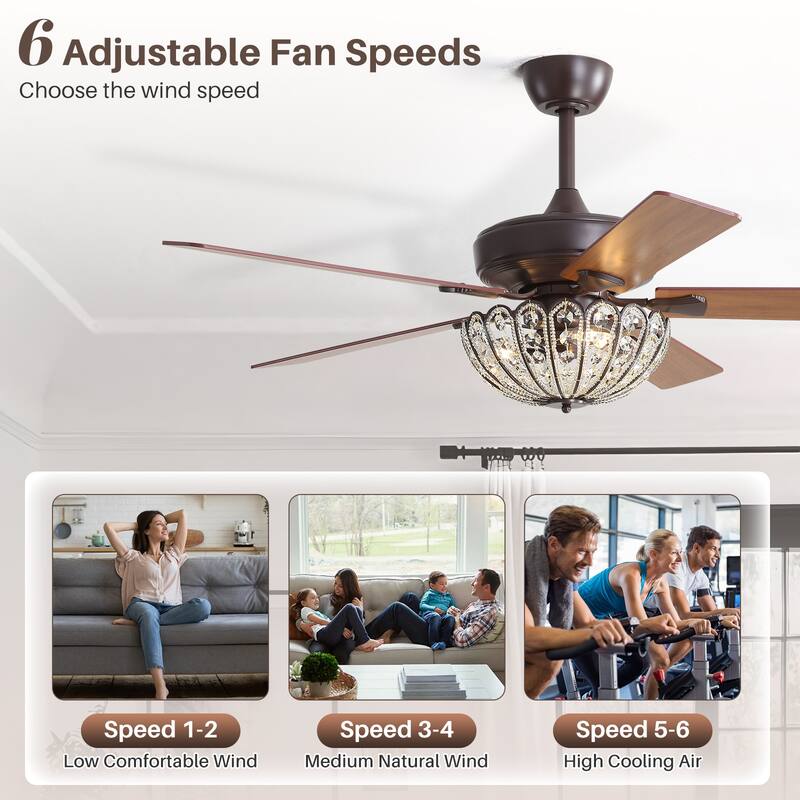 Sofucor 52" Ceiling Fan with Light Remote, Classical Crystal Chandelier fan, 5 Blades & Reverse Airflow, Black