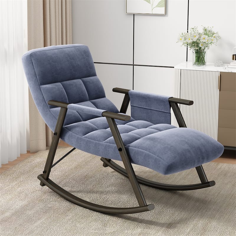 Casual Folding Rocking Chair Upholstered, Adjustable High Back - Blue Velvet