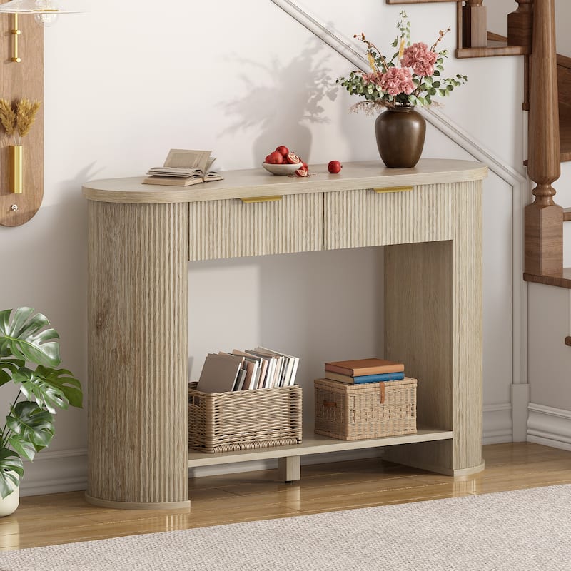 Moasis 2-Tier Fluted Console Table Narrow Sofa Table with Drawer and Storage Shelf for Entryway
