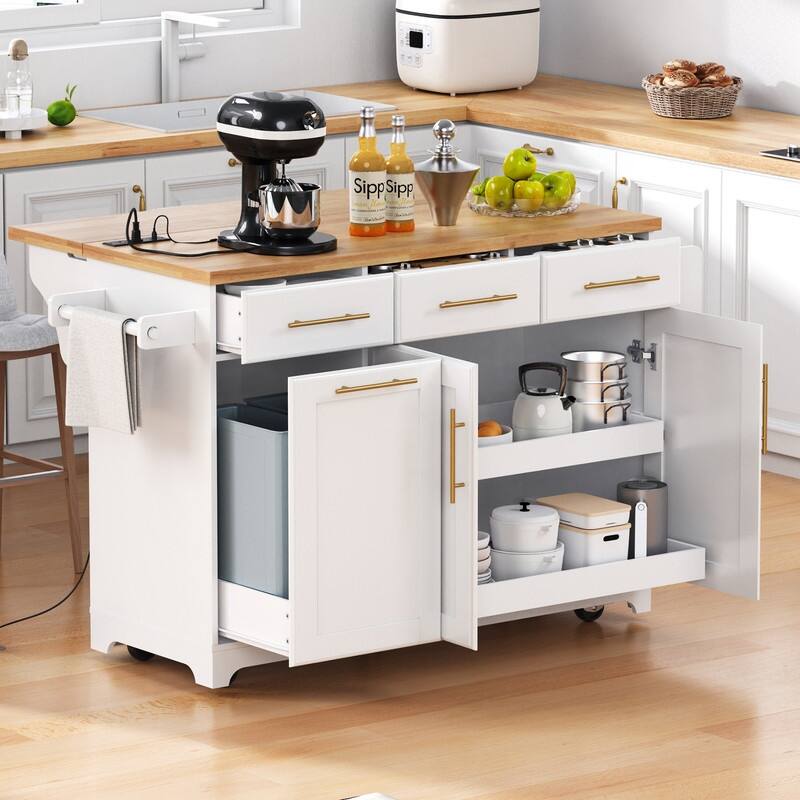 59" Rolling Kitchen Island on Wheels with Trash Can Storage Cabinet, Island Table for Kitchen with Power Outlet, Storage Rack