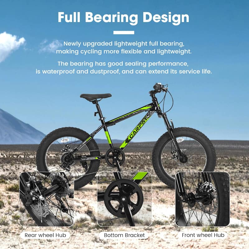 20 Inch Mountain Bike High Carbon Steel Bicycle, 7-Speed All-Terrain Bike with Disc Brakes, Front Suspension for Kids, Teens