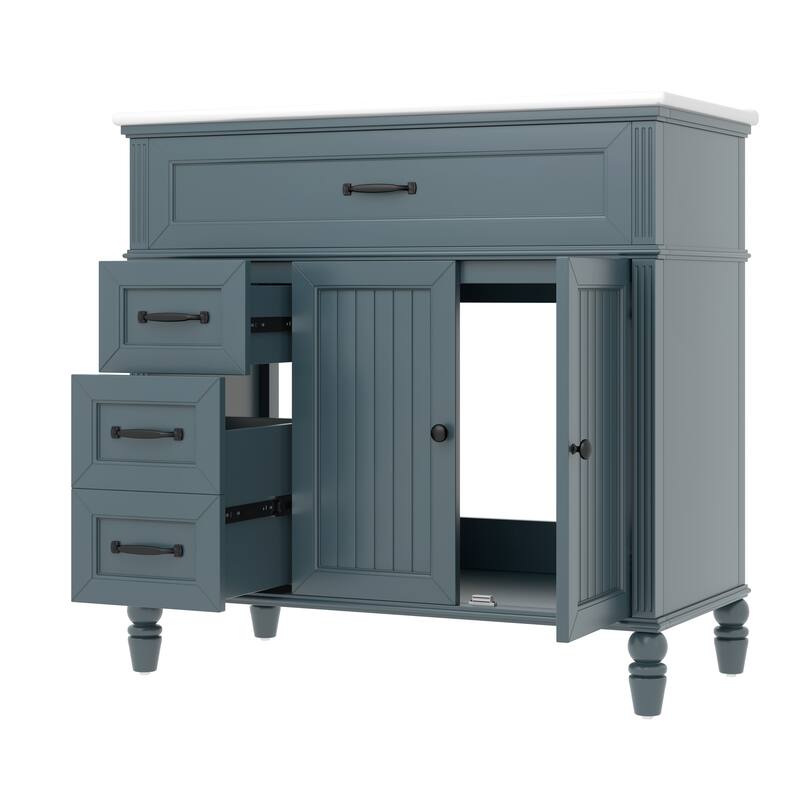 36" Bathroom Vanity with Ceramic Sink Blue Bathroom Cabinet with Drawers
