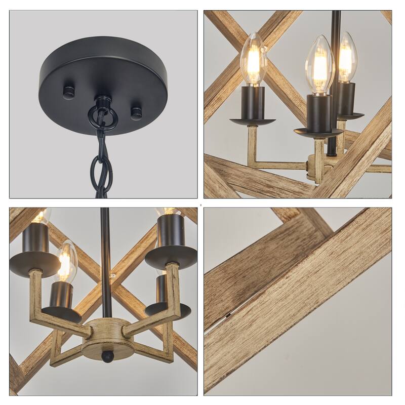 4 Light Caged Candle-Style Chandelier in Wood Painted Finish - 28.75"H x 27.6"W x 17.2"D