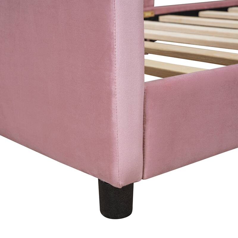 Pink Twin Upholstered Daybed with Rabbit Ear Headboard, Modern Design, Sturdy Pine Frame