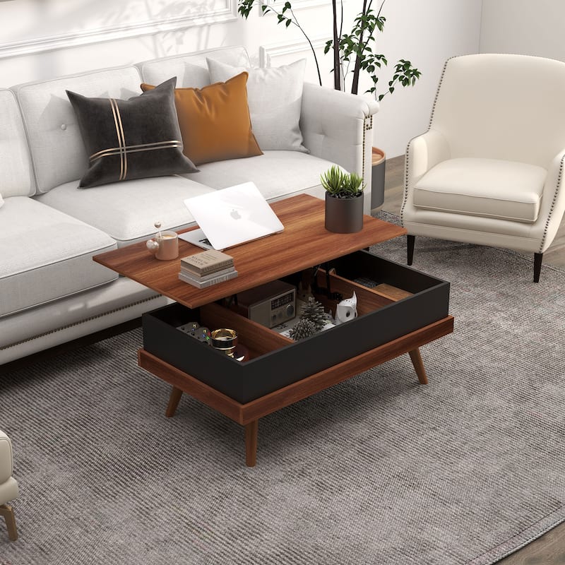 Lift Top Coffee Table with Hidden Compartments and Wood Legs - Walnut
