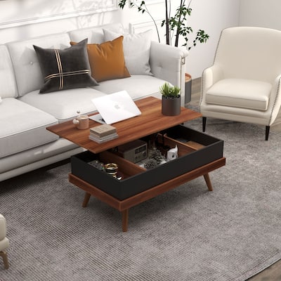 Modern Walnut Lift-Top Coffee Table with Spacious Hidden Compartments and Solid Wood Legs - 39.25" W x 31" D x 21.25" H