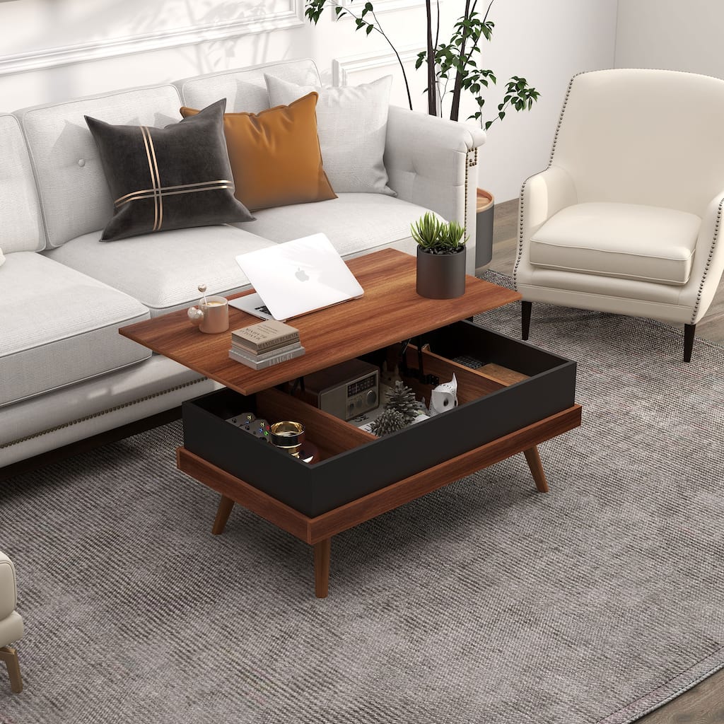 Modern Walnut Lift-Top Coffee Table with Spacious Hidden Compartments and Solid Wood Legs - 39.25" W x 31" D x 21.25" H