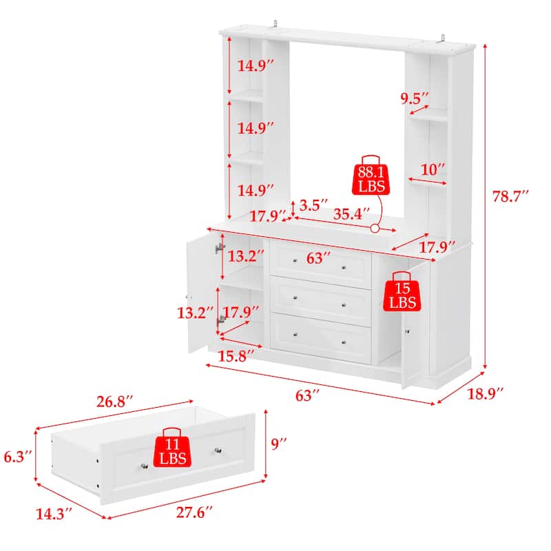 Dresser Storage Cabinet with Drawers and Adjustable Shelves, Diaper Changing Table, Display Shelf, Bookshelf