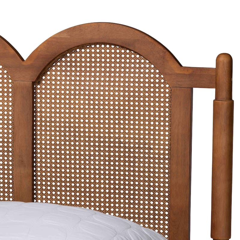 Thatcher Mid-Century Modern Walnut Brown Finished Wood Queen Size Platform Bed with Woven Rattan
