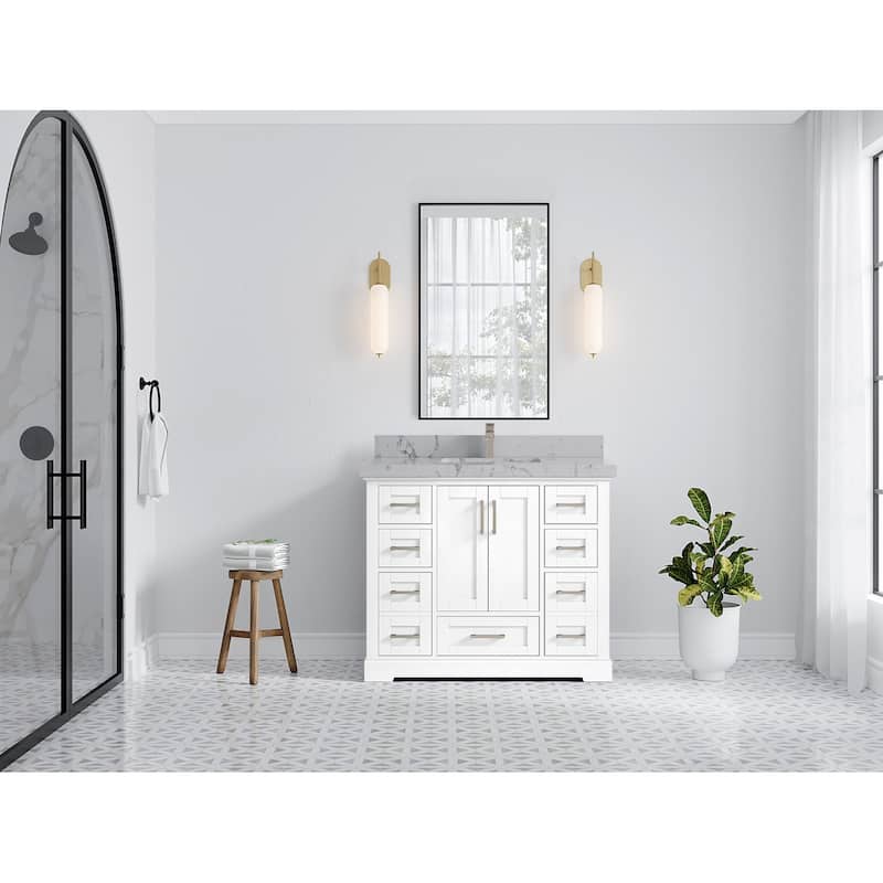 Willow Collection 42 in W x 22 in D x 36 in H Boston Single Bowl Sink Bathroom Vanity with Countertop - 2"Venatino Quartz - White