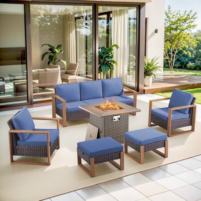 Pocassy 4/6/8PCS Sofa Swivel Chair with Fire Pit Table Set - Brown Wicker Blue Cushion - 6-Piece Sofa Patio Chair Ottoman with Fire Table