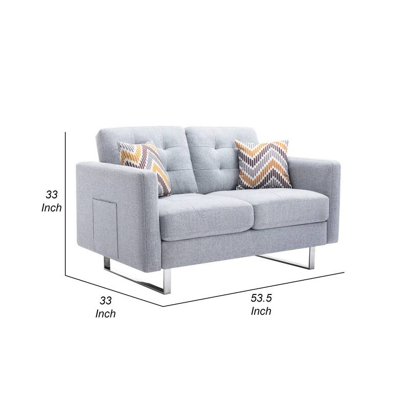 Caden 54 Inch Modern Loveseat with Side Pocket and 2 Pillows, Light Gray