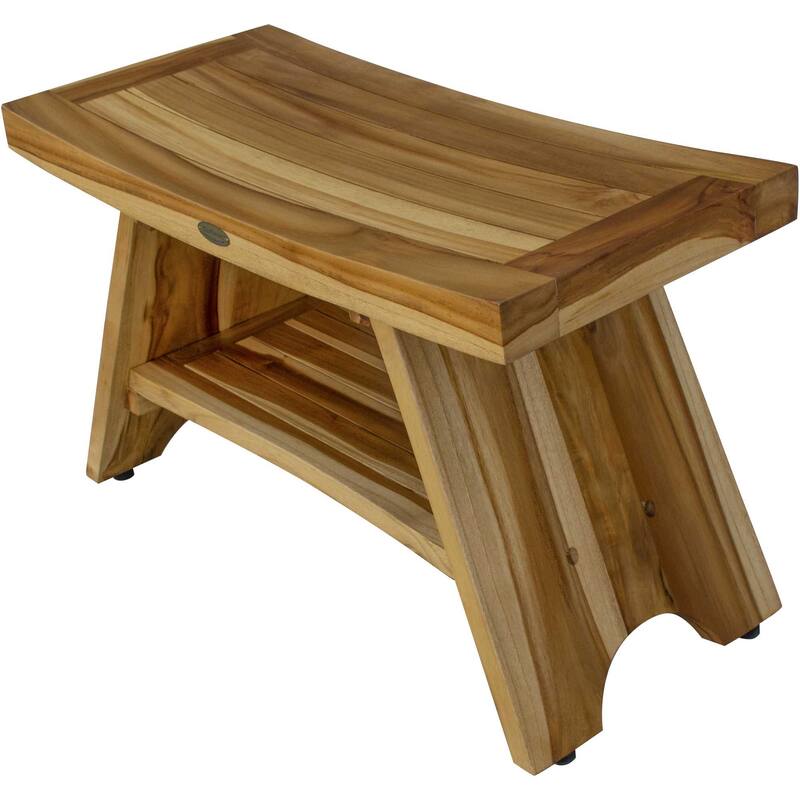 Compact Curvilinear Teak Shower / Outdoor Bench with Shelf in Natural Finish