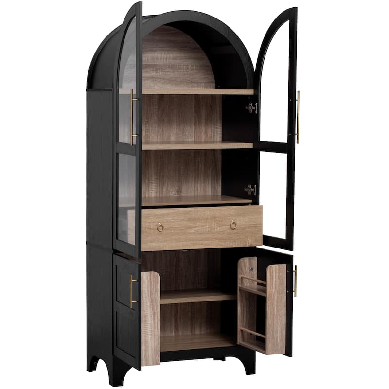 71" Tall Arched Kitchen Pantry Cabinet with Door Shelves,Hidden Drawer & Glass Door - N/A