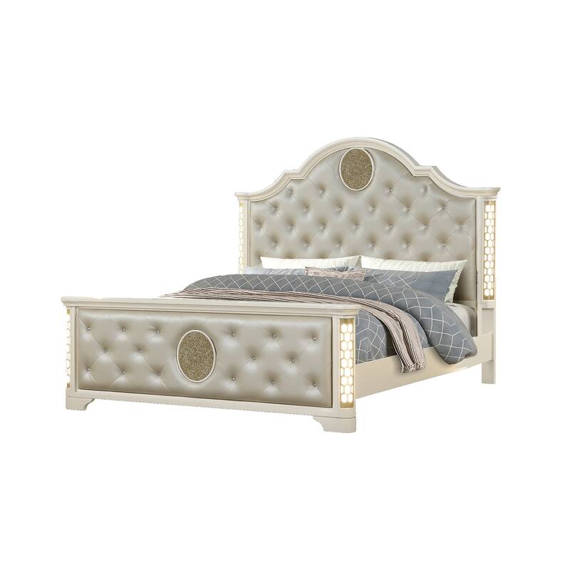 Queen Size Tufted Upholstery & LED Bed made with Wood in Beige