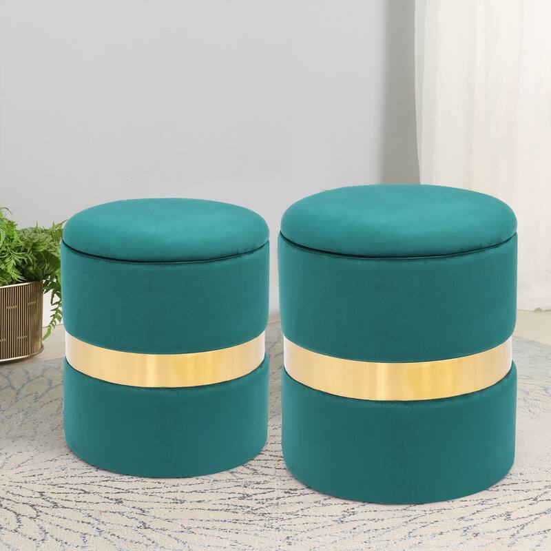 Adeco Set of 2 Velvet Storage Ottoman Round Foot Stool Metal Band