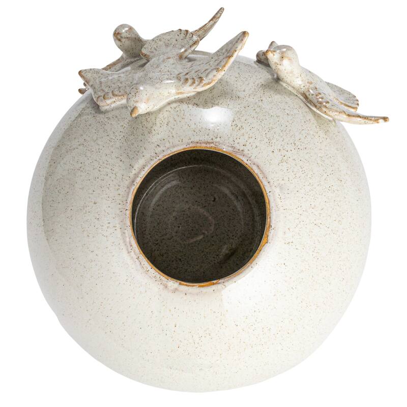 Stoneware Vase with Birds and Reactive Glaze