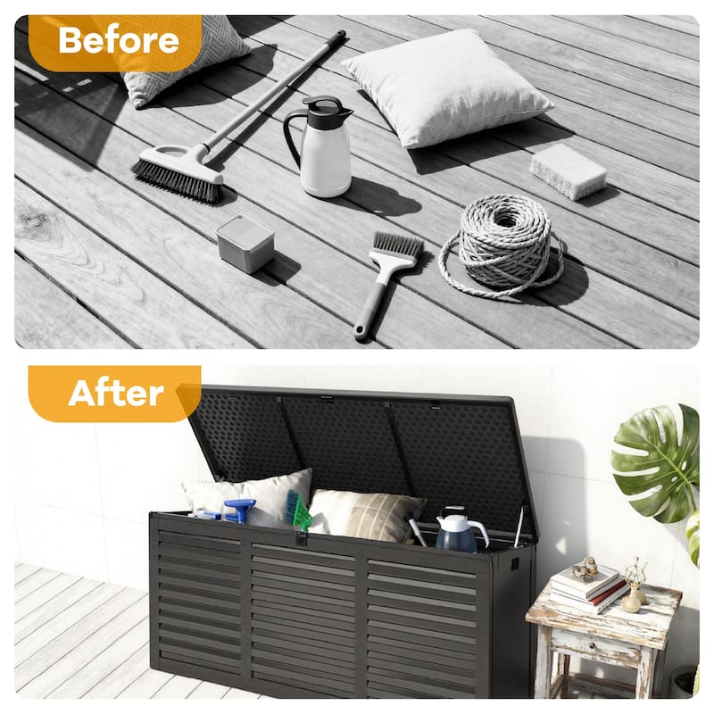 130 Gal. Upgraded Resin Deck Box, Outdoor Storage Box Waterproof with Hydraulic Rod and Side Handle, Lockable