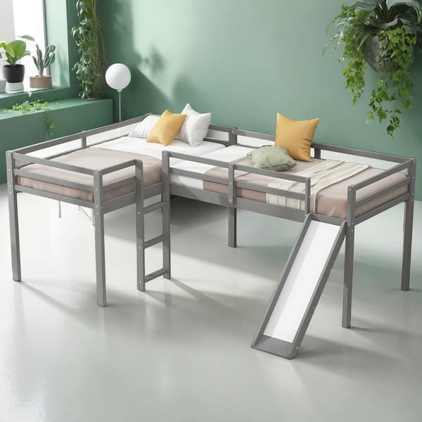 slide 2 of 29, L-Shaped Twin Size Loft Bed with Ladder and Slide, Space-saving, Grey Grey