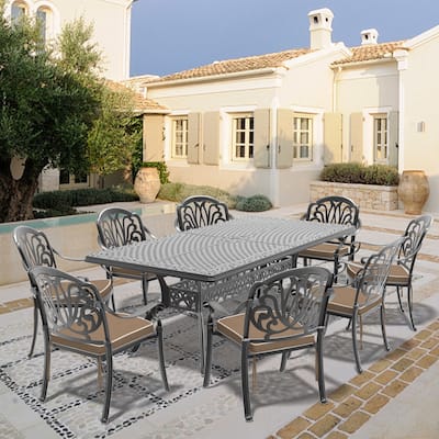 7/9-Piece Cast Aluminum Outdoor Dining Set with 82.68'' L X 41.34'' W Rectangular Table and Random Color Seat Cushions