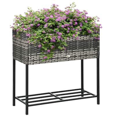 Modern Minimalist Rattan Wicker Garden Bed with Tool Storage Shelf, for Herbs Veqetables Flowers, Black - 8' x 10'
