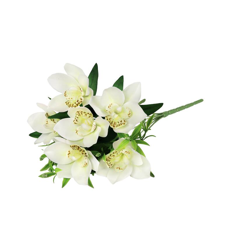 Set of 4 Cream Artificial Cymbidium Orchid Flower Stem Bush Bouquet 13in - 13" L x 8" W x 8" DP
