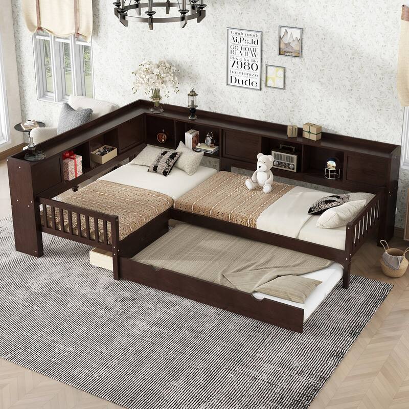 L Shaped Twin Platform Bed with Pull Out Trundle and Drawer, Solid Wood Twin Size Bed Frame with L Shaped Storage Bookcases