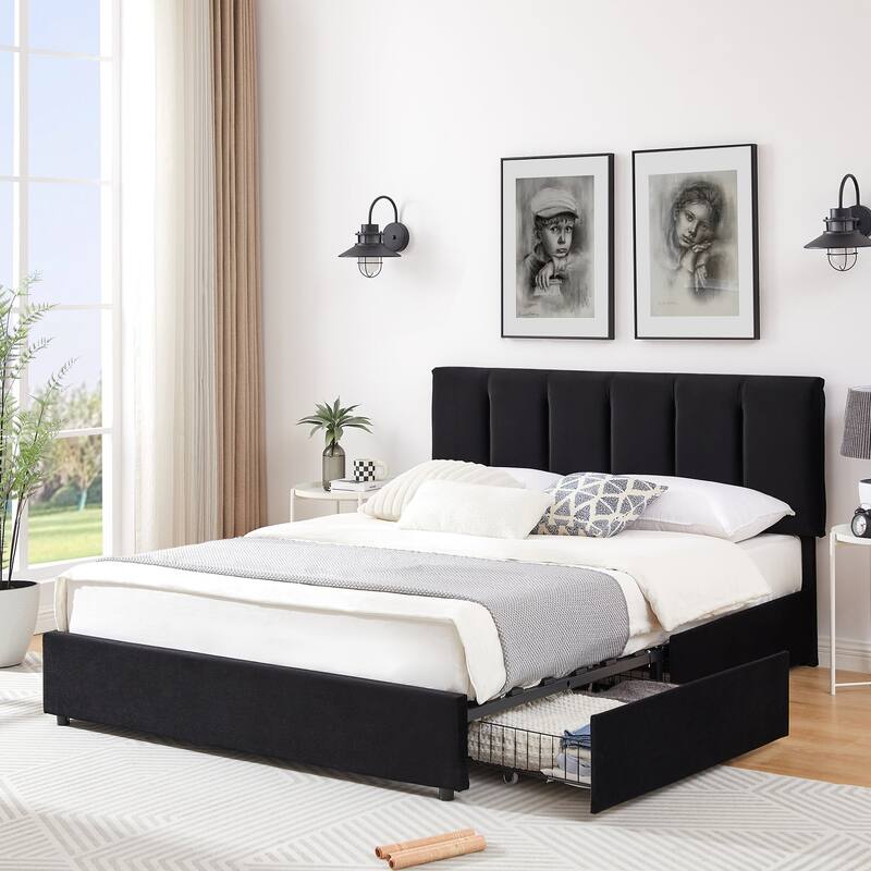 Black Bed Frame with 4 Storage Drawers, Upholstered Platform Bed Frame with Adjustable Headboard