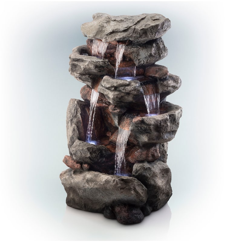 Alpine Corporation WIN730 52" Brown Outdoor Floor Tiered Rainforest Rock Fountain with LED Lights