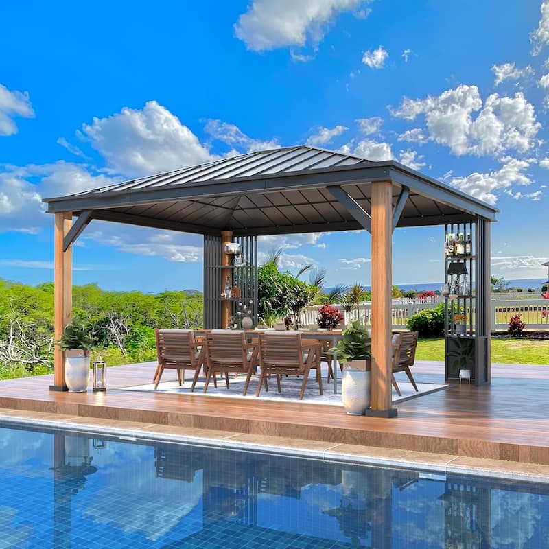 Outdoor Galvanized Steel Roof Gazebo Pergola w Wooden Coated Alumninum Frame, Privacy Curtains and Nettings Include - 12'x14'Single - Wood Grain