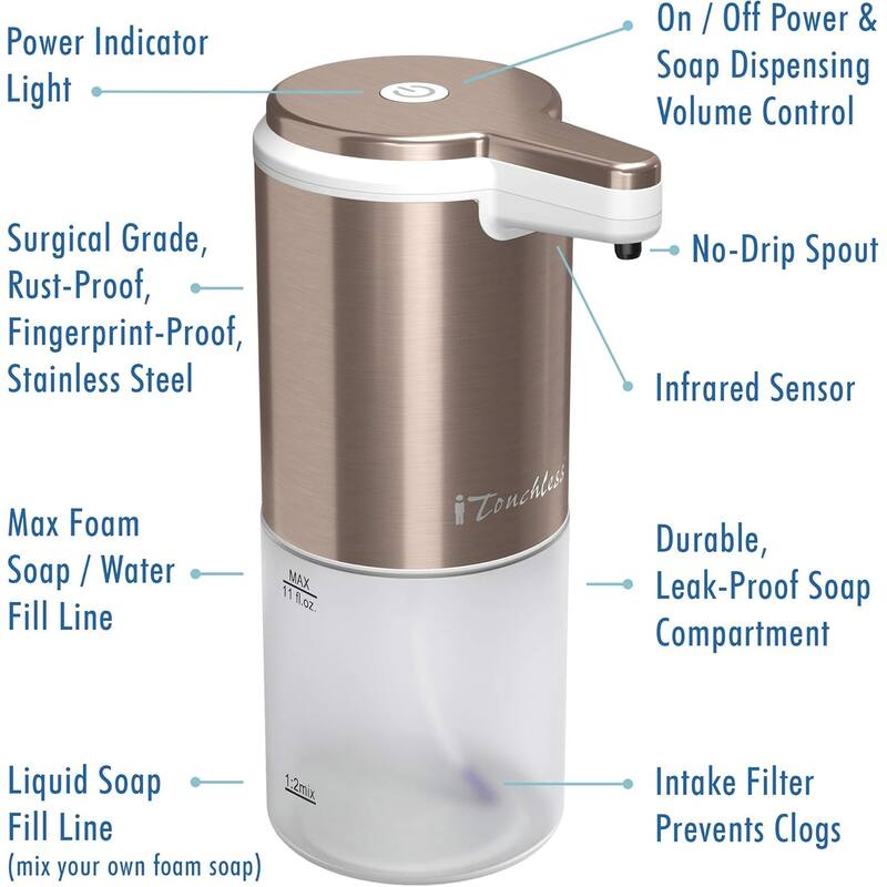 iTouchless Stainless Steel Ultraclean 11 fl oz/325 ml Sensor Foam Soap Dispenser, Rose Gold, Rust-Free Automatic Touchless Pump