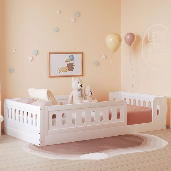 slide 2 of 20, Twin Size White Wood Platform Bed with Guardrail, Sturdy, Easy Assembly White