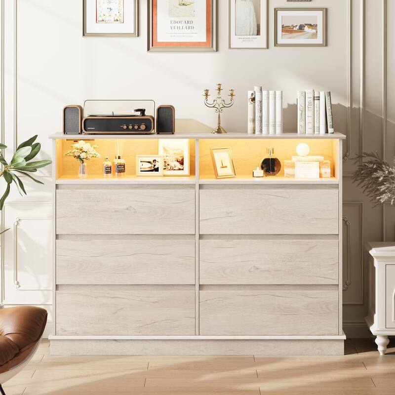 6 Drawer Dresser with LED Lights & Charging Station, Modern Chest of Drawers with Open Shelf - Natural