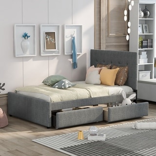 Full Size Linen Upholstered Platform Bed Frame w/Headboard & 2 Drawers ...