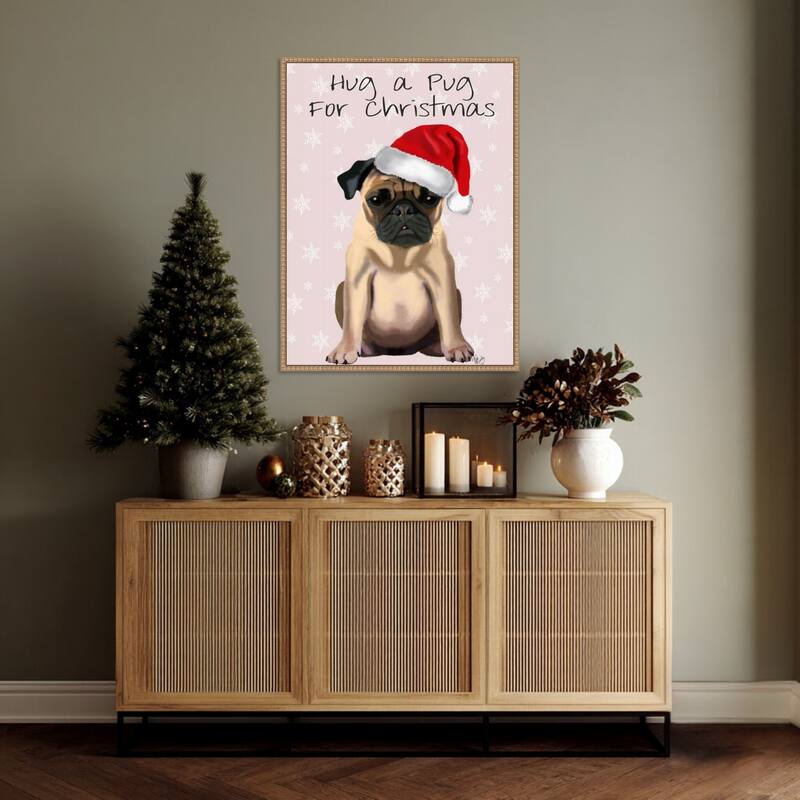 Hug a Pug by Fab Funky (23 x 30 in.), Framed Canvas Wall Art Print - Sylvie Beaded Rustic Natural
