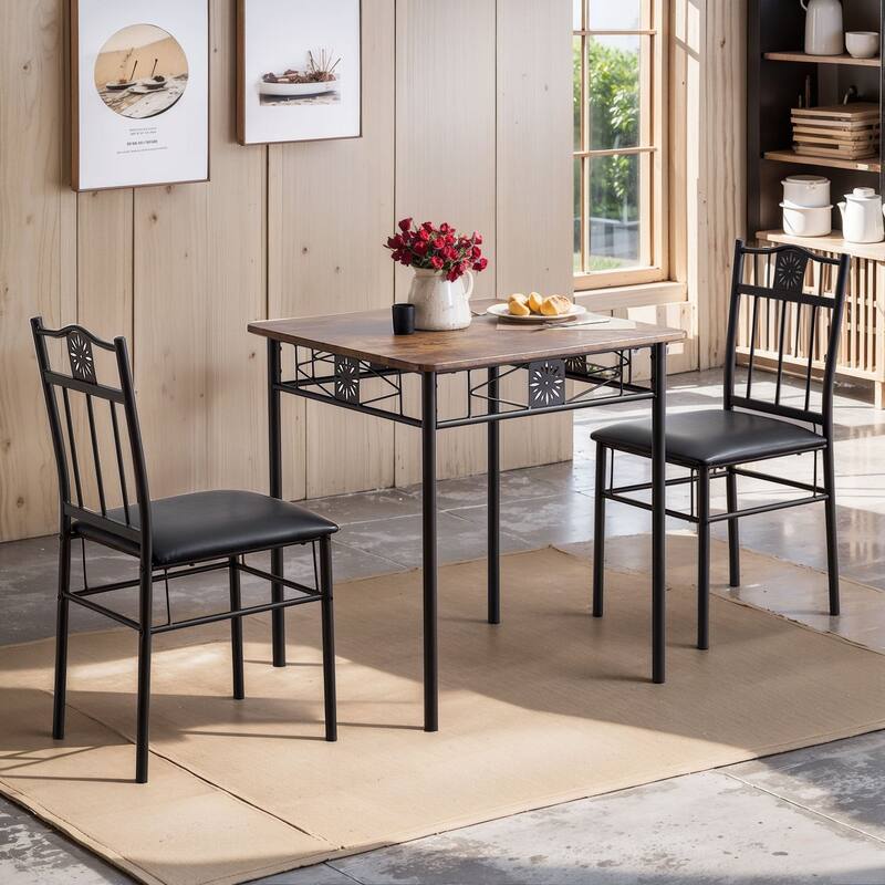 VECELO Modern 3/5-piece Dining Set Tempered Glass Top and Wood Top, Steel Dining Table and Chair Set of 2/4