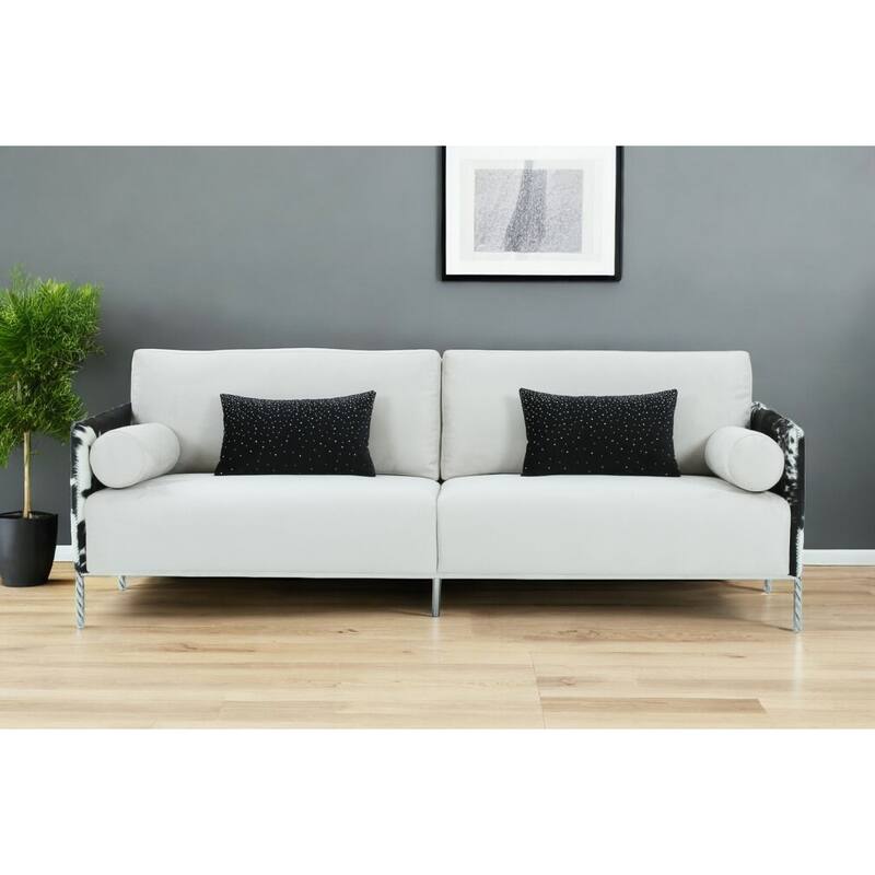 HomeRoots 89" White Sofa And Toss Pillows With Silver Legs - Black