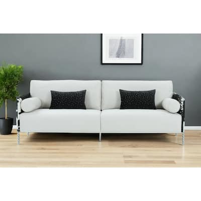 HomeRoots 89" White Sofa And Toss Pillows With Silver Legs