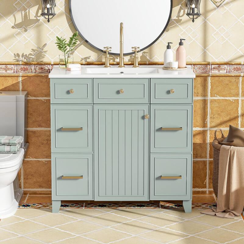 36" Bathroom Vanity with Ceramic Sink, Blue, Solid Wood Frame, Soft-Close Doors, Adjustable Shelves - Green