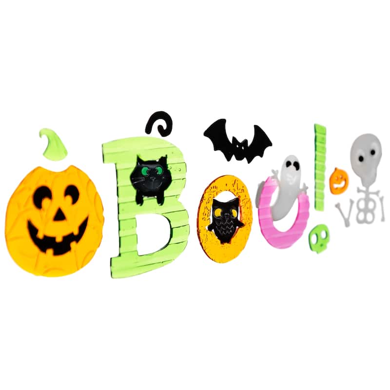 14 piece orange and green "boo!" halloween gel window clings