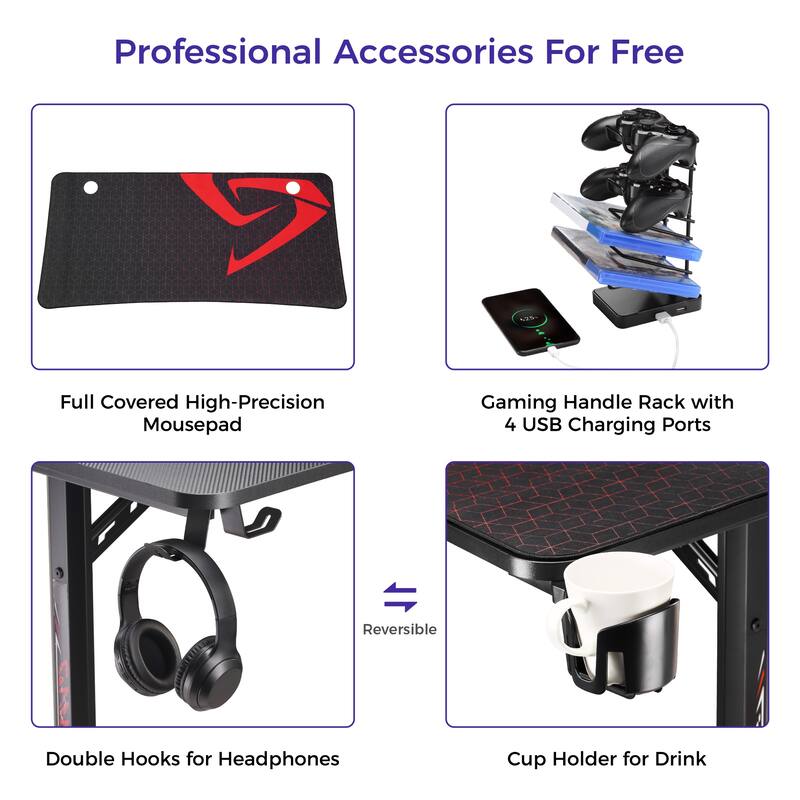 Black Gaming Desk Computer Desk with Free Full Mouse Pad & USB Charger