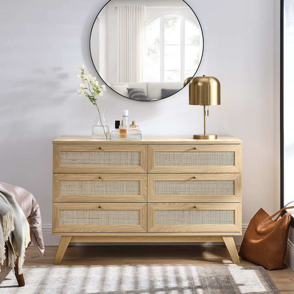 Soma 6-Drawer Dresser with Rattan Weave Fronts and Wood Grain Finish
