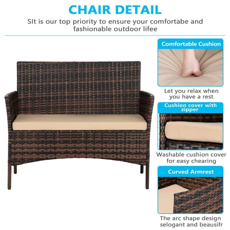 Outdoor 4-Piece PE Wicker Conversation Set with Cushion