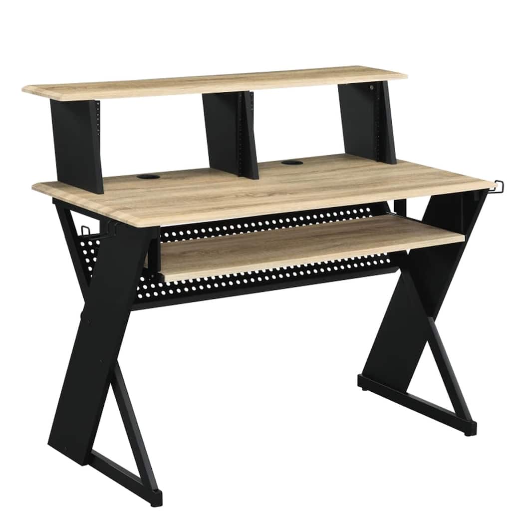 Tin 47 Inch Wood Music Desk Studio Station, Keyboard Tray, Shelves, Brown