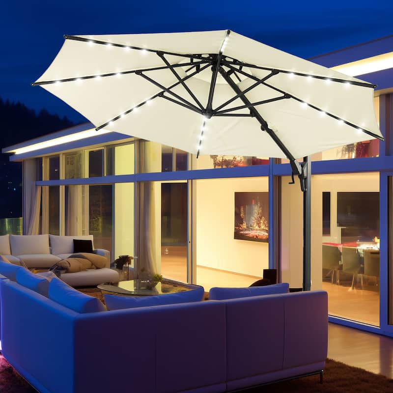 Autlaycil 10FT Cantilever Patio Umbrella with Solar Lights Included Base 360 Rotation Large Offset Hanging Outdoor Shade - Beige