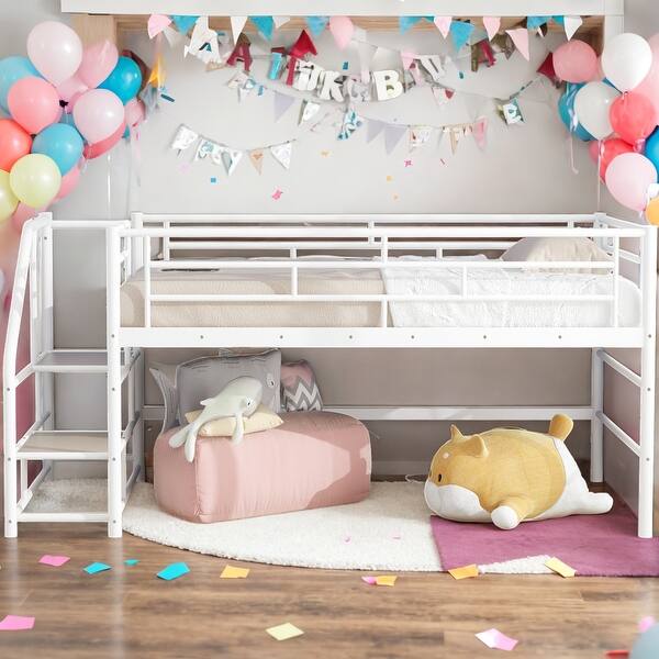 slide 2 of 9, Twin Size Loft Bed with Storage Stairs and Strong Construction For Bedroom White