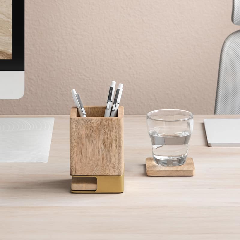 Jani Wooden Pen Cup Holder with 2 Coasters - Stained Mango Wood & Powder-Coated Metal Organizer for Home, Office & Living Spaces - Mango/Gold