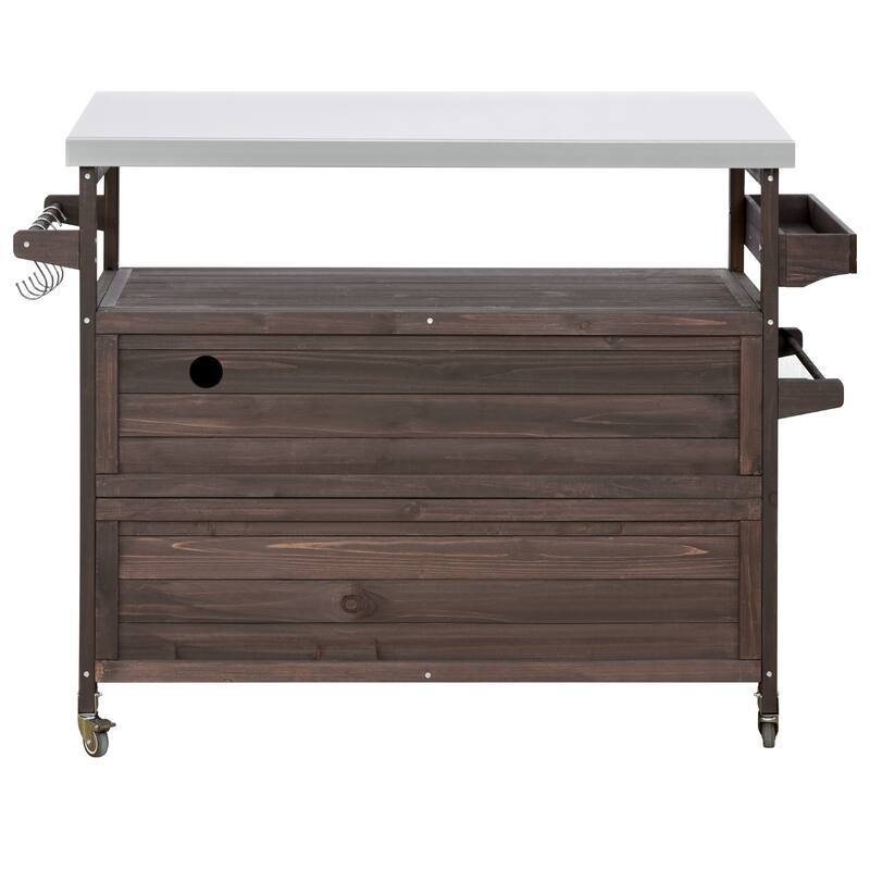 Outdoor Kitchen Island, Rolling Bar Cart & Storage Cabinet, Solid Wood Outdoor Grill Table with Stainless Steel Top