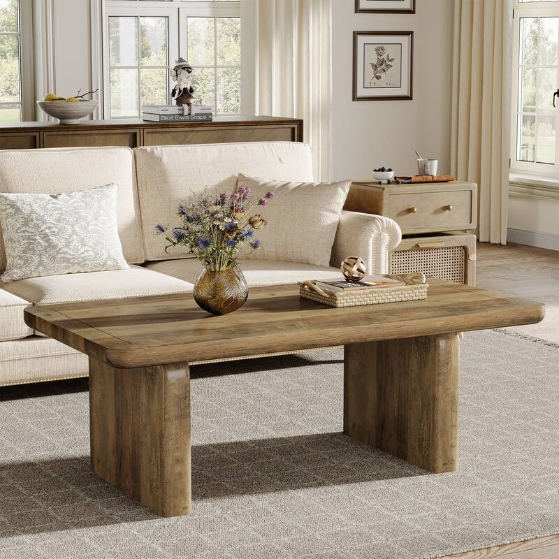 Rectangle Coffee Table, 47-Inch Farmhouse Tea Table with Thickened Tabletop - Wood - Brown